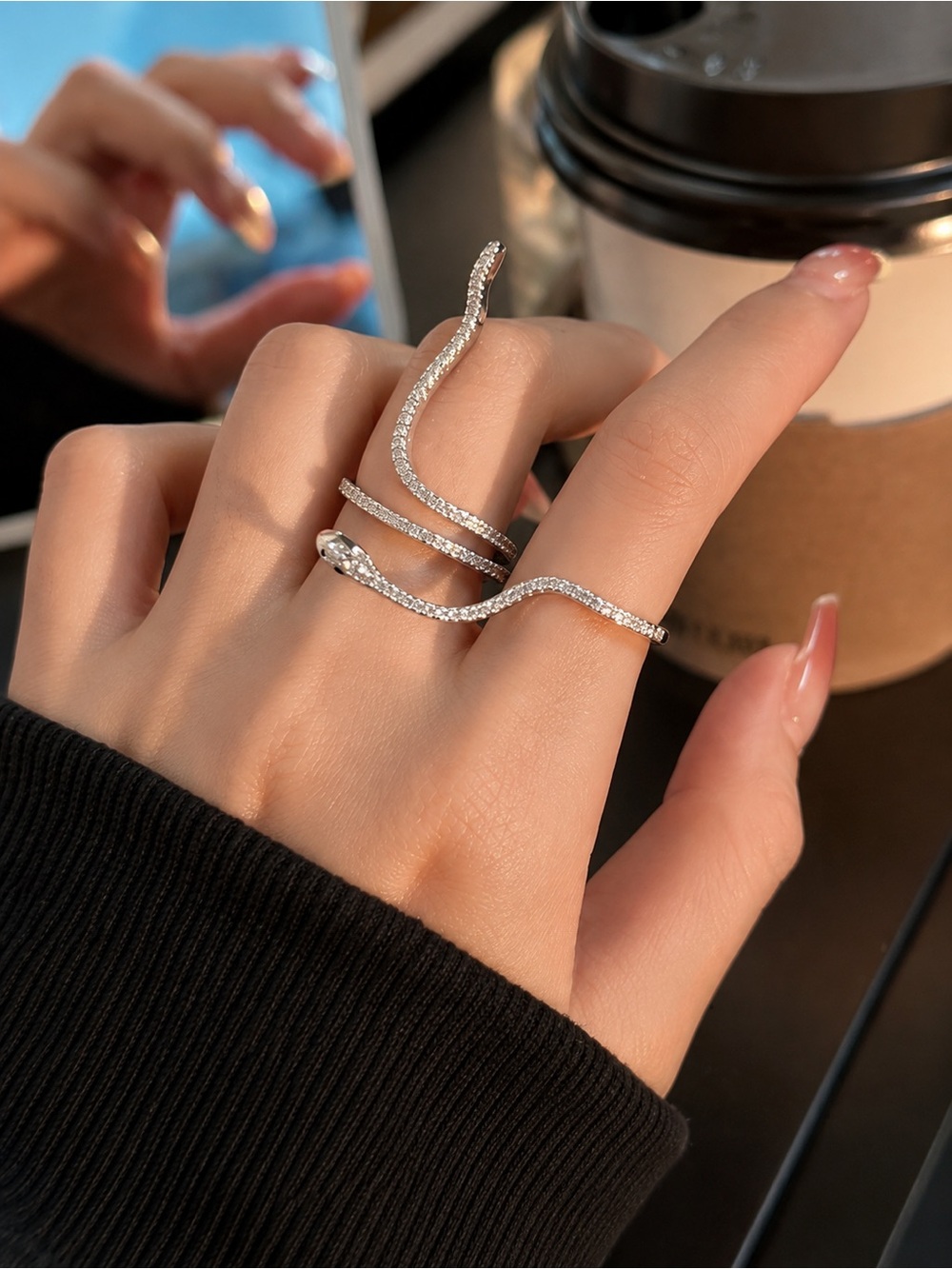 Silver Snake Wrap Ring - Silver Crystal Accent